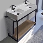 Scarabeo 5142-SOL2-89 Console Sink Vanity With Double Ceramic Sink and Natural Brown Oak Shelf